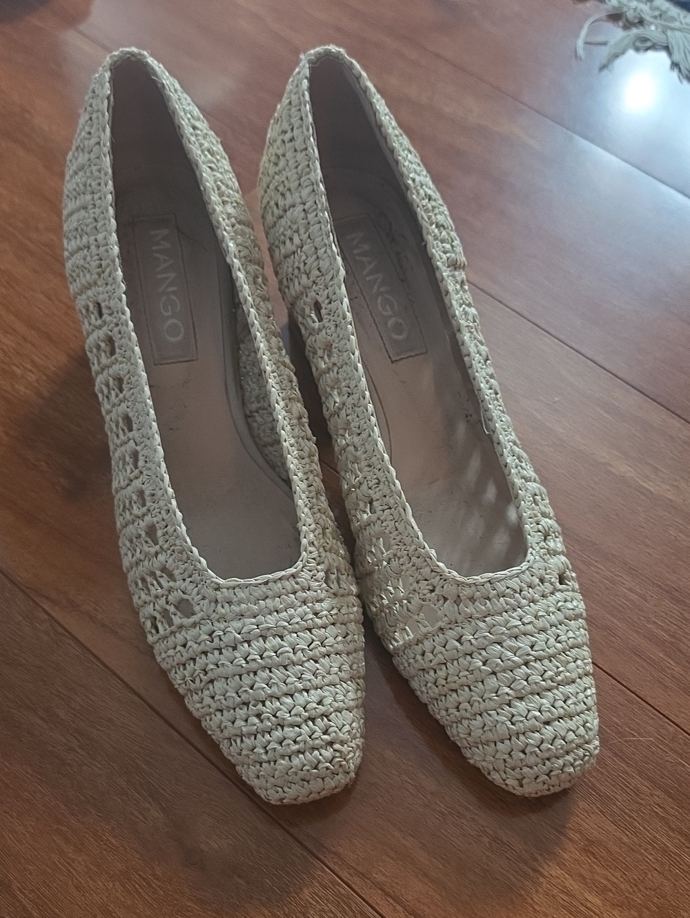 Mango Women’s Cream Raffia Crochet Slip-On Heels